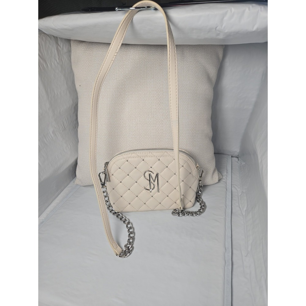 Steve Madden Cream Quilted Studded Crossbody Bag Silver SM Logo Dome Purse - Picture 3 of 8